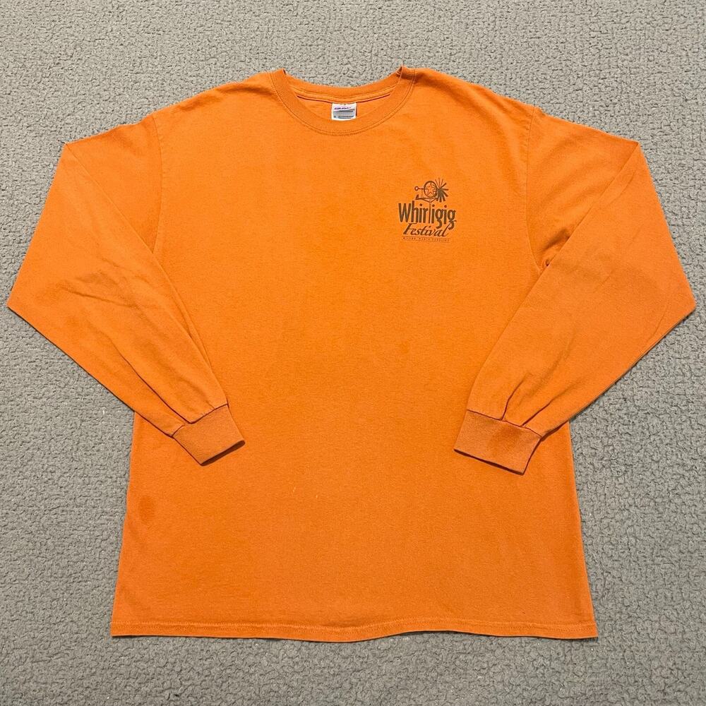 Whirligig Festival T Shirt Mens L Orange Wilson NC Long Sleeve Gildan Tee